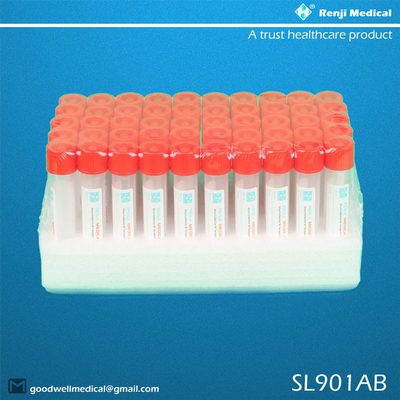 El tubo superior rojo estéril de la colección de espécimen se reunió el material de nylon bucal médico